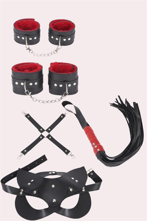 Arias Dolap 4'lü Kol Bacak Kırbaç Maske Deri Aksesuar Set
