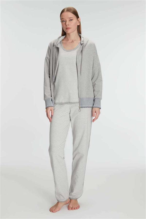 Anıl 11237 Kadın Pamuklu Uzun Kol Fermuarlı Swearshirt Sıfır Kol T-Shirt ve Pantolon Pijama Takımı