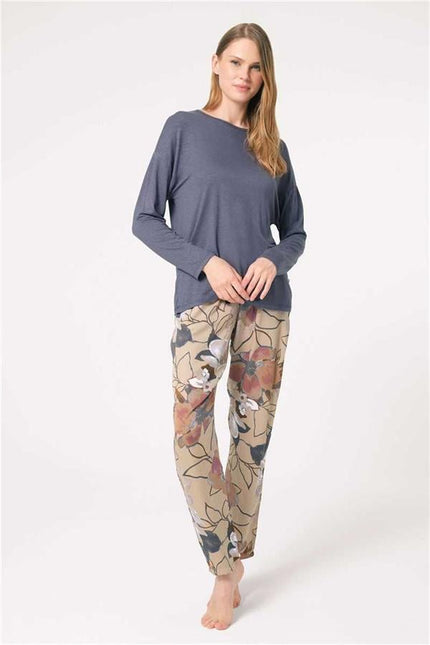 Anıl 9836 Uzun Kol Bisiklet Yaka Viskon Çiçek Desenli Kışlık Örme Normal Bel Dantel Detaylı Pijama Takımı