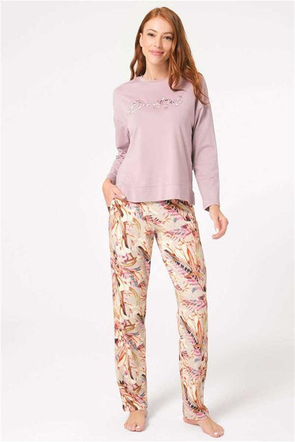 Anıl 9838 Uzun Kol Bisiklet Yaka Modal Çiçek Desenli Kışlık Örme Normal Bel Nakış Detaylı Pijama Takımı
