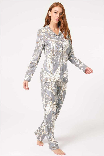 Anıl 9842 Uzun Kol V Yaka Viskon Çiçek Desenli Kışlık Örme Normal Bel Düğmeli Pijama Takımı