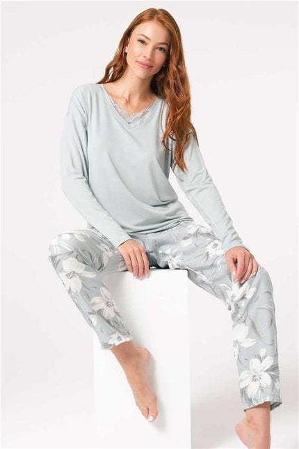 Anıl 9858 Uzun Kol V Yaka Viskon Çiçek Desenli Kışlık Örme Normal Bel Dantel Detaylı Pijama Takımı