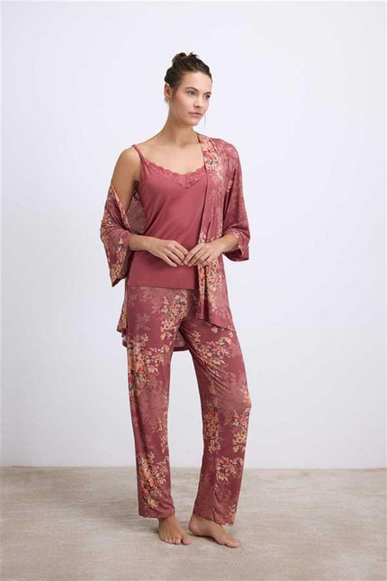 Anıl Kadın Çiçek Desenli Viskon Lenzing Kumaştan Sabahlık, Atlet ve Pantolon Takımı (11603)