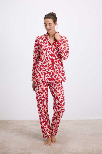 Anıl Kadın Desenli Uzun Kollu Gömlek Yaka Pijama Takımı Nefes Alabilir Yumuşak Kumaş (Jersey) 11564