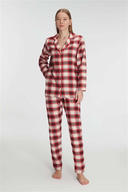 Anıl Kadın Pamuklu Uzun Kollu Kare Desenli Gömlek ve Pantolon Takım – Kışlık Pijama Takımı 11238