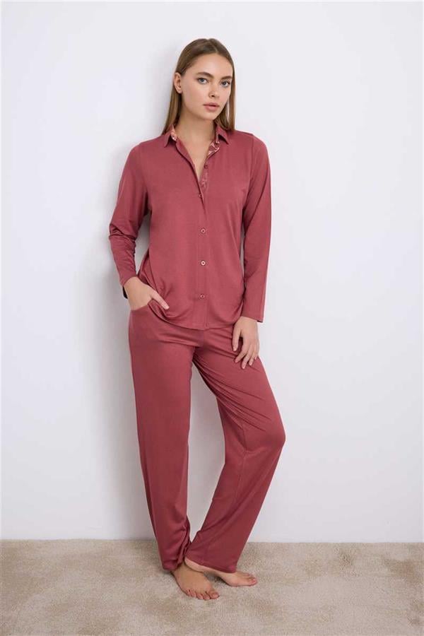 Anıl Kadın Uzun Kollu Düğmeli Gömlek ve Pantolon Pijama Takımı (11556)