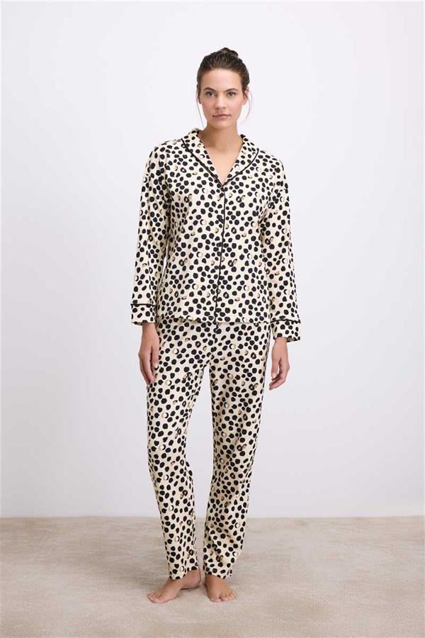 Anıl Kadın Uzun Kollu Gömlek Yaka Leopar Desenli %100 Pamuk Pijama Takımı 11550