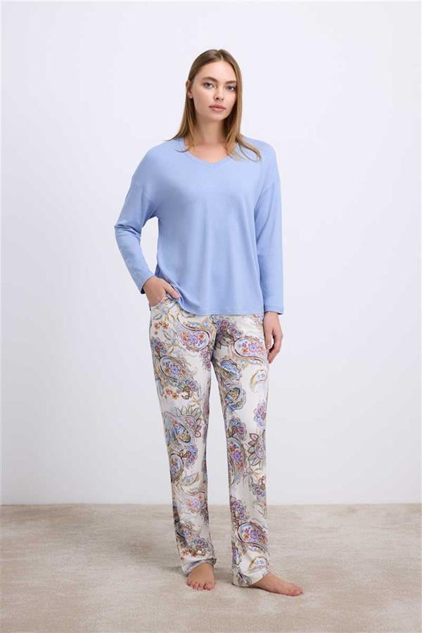 Anıl Kadın Uzun Kollu Viskon T-Shirt ve Desenli Pantolon Takım Esnek ve Nefes Alabilir Kumaş 11569