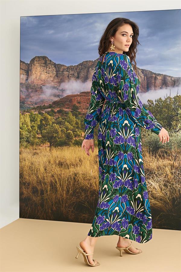 Arias Dolap %100 Viskon Çiçek Desenli Truvakar Kollu Saten Elbise 