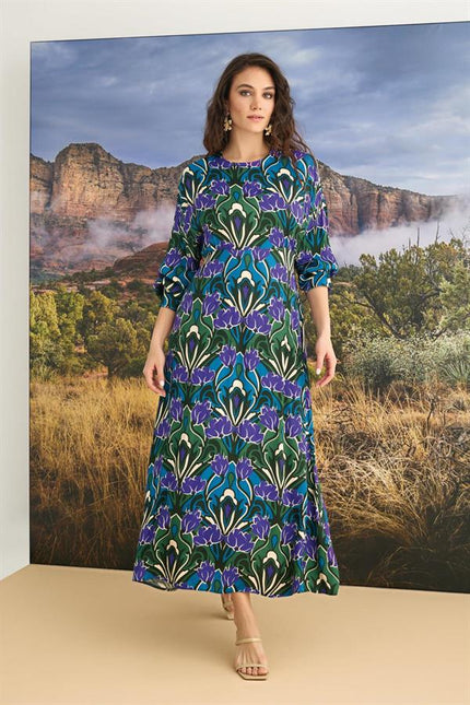 Arias Dolap %100 Viskon Çiçek Desenli Truvakar Kollu Saten Elbise 