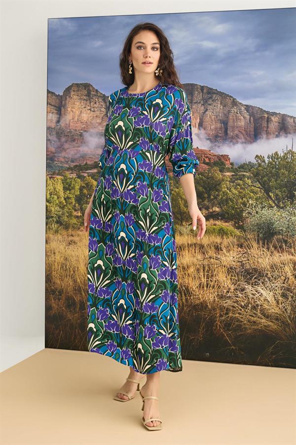 Arias Dolap %100 Viskon Çiçek Desenli Truvakar Kollu Saten Elbise 