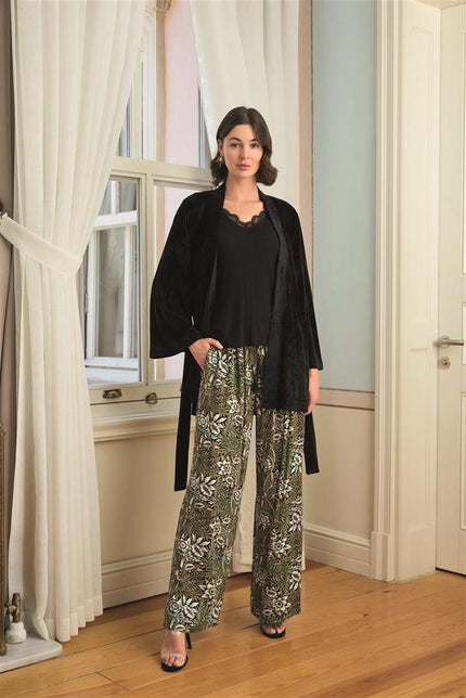 Arias Dolap Çiçek Yaprak ve Etnik Desenli Dantelli 3'lü Pijama Takımı