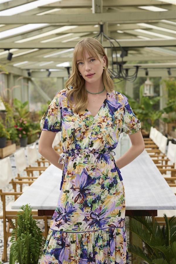 Arias Dolap %100 Viskon Çiçek ve Yaprak Desenli Elbise 