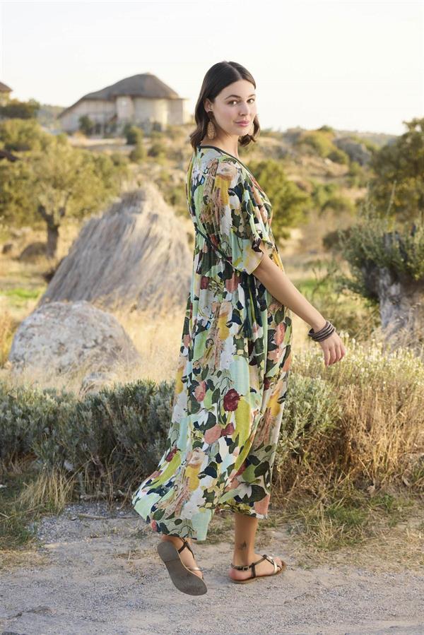 Arias Dolap %100 Viskon Çiçek ve Yaprak Desenli Kısa Kollu Elbise 