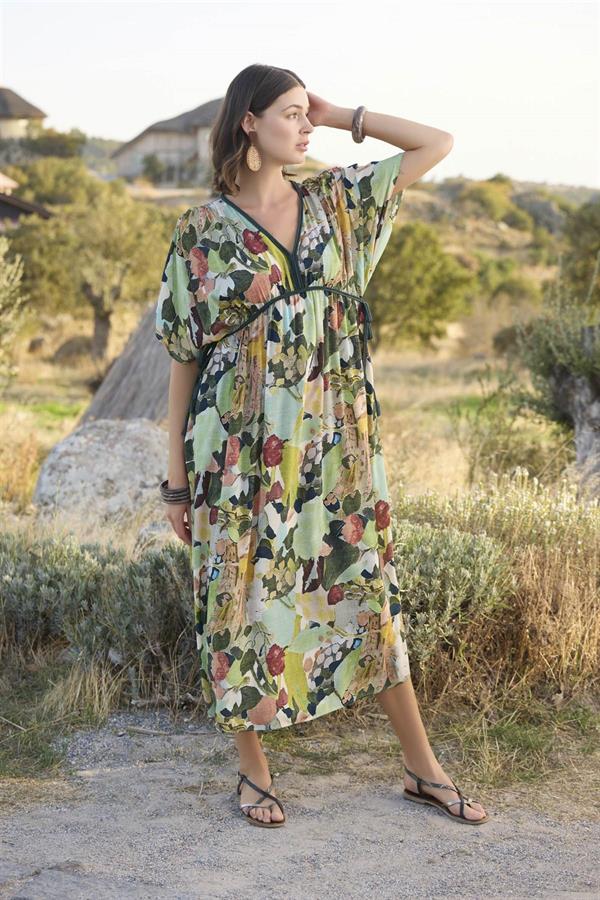 Arias Dolap %100 Viskon Çiçek ve Yaprak Desenli Kısa Kollu Elbise 