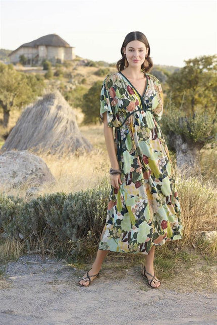 Arias Dolap %100 Viskon Çiçek ve Yaprak Desenli Kısa Kollu Elbise 