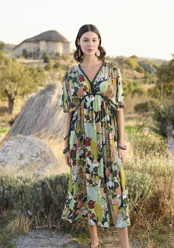 Arias Dolap %100 Viskon Çiçek ve Yaprak Desenli Kısa Kollu Elbise 