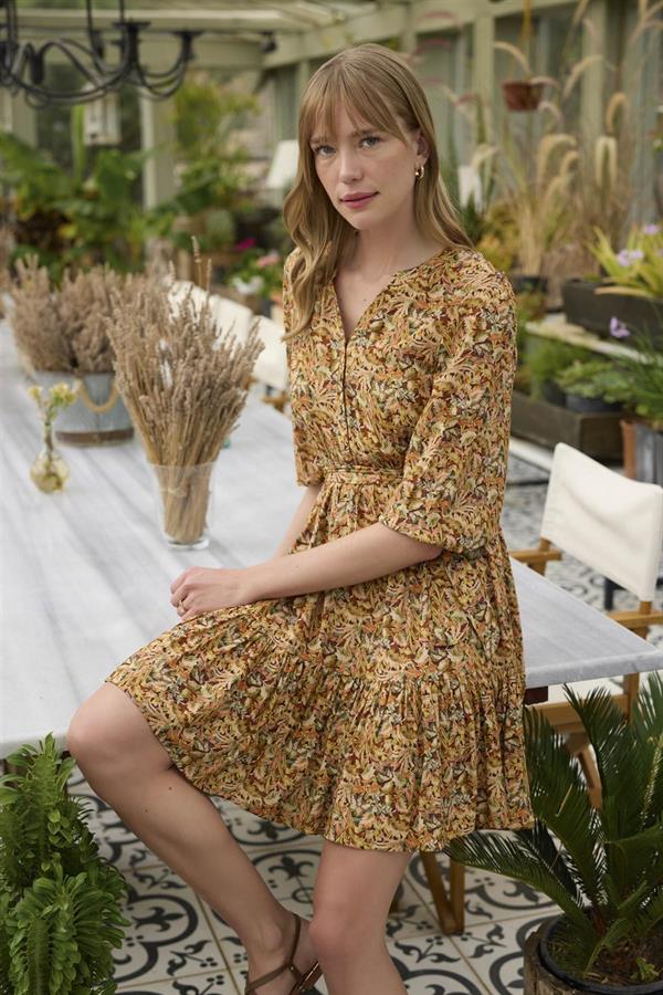 Arias Dolap %100 Viskon Çiçek ve Yaprak Desenli Kuşaklı Elbise