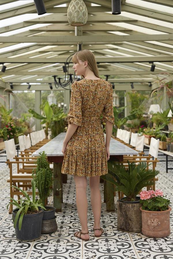 Arias Dolap %100 Viskon Çiçek ve Yaprak Desenli Kuşaklı Elbise