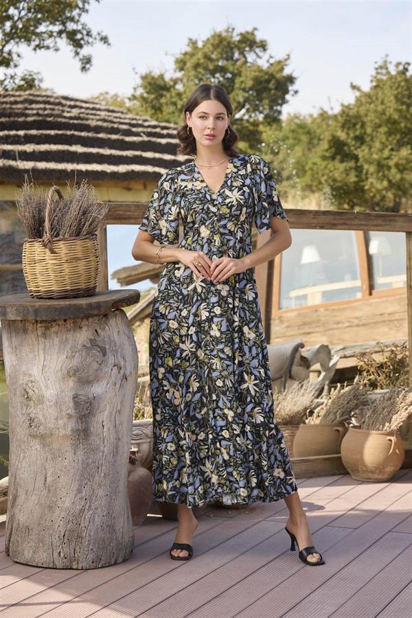 Arias Dolap %100 Viskon Çiçek ve Yaprak Desenli Önü Düğmeli Elbise 