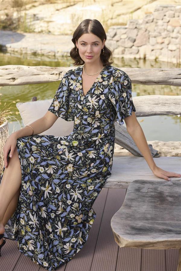 Arias Dolap %100 Viskon Çiçek ve Yaprak Desenli Önü Düğmeli Elbise 