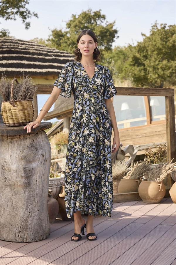 Arias Dolap %100 Viskon Çiçek ve Yaprak Desenli Önü Düğmeli Elbise 