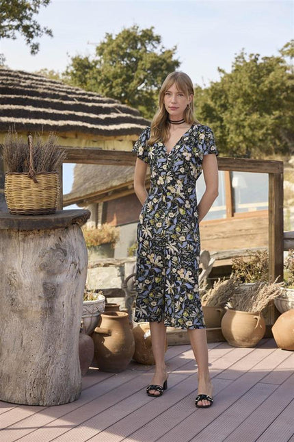 Arias Dolap %100 Viskon Çiçek ve Yaprak Desenli Önü Düğmeli Elbise