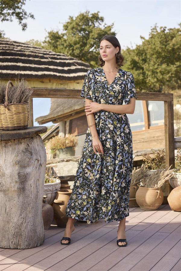 Arias Dolap %100 Viskon Çiçek ve Yaprak Desenli Önü Düğmeli Elbise 