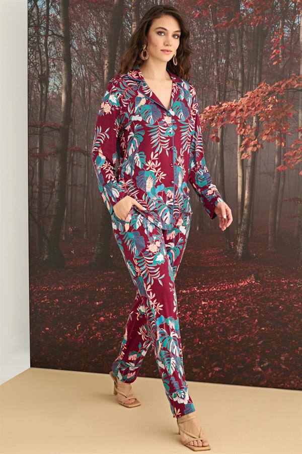 Arias Dolap Çiçek ve Yaprak Desenli Önü Düğmeli Pijama Takımı