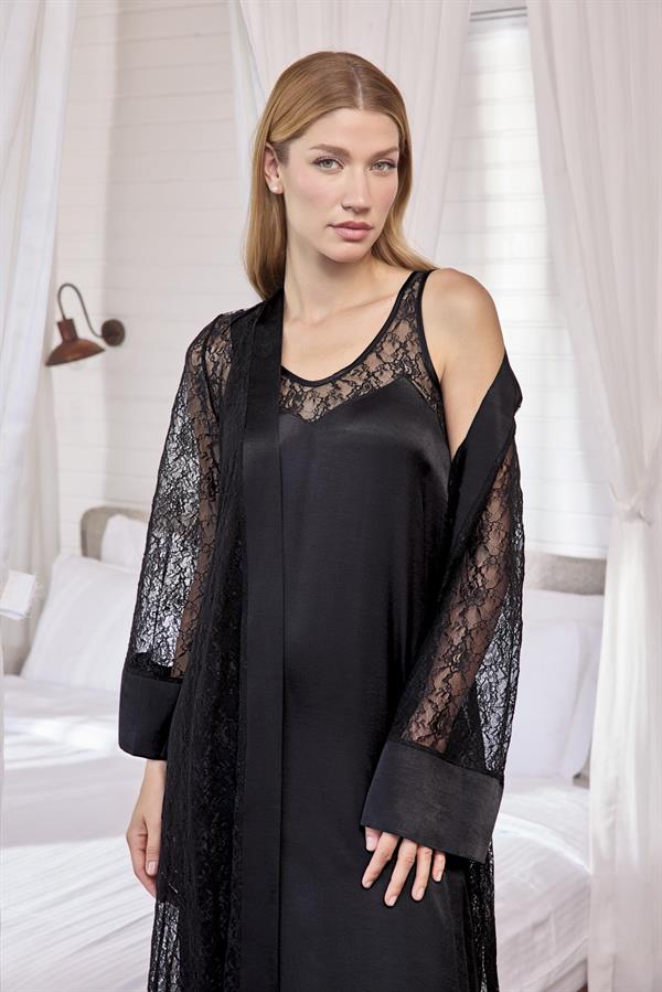 Arias Dolap %100 Viskon Dantelli ve Dekolteli Saten Sabahlık Takımı