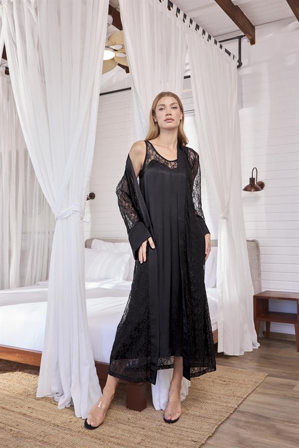 Arias Dolap %100 Viskon Dantelli ve Dekolteli Saten Sabahlık Takımı