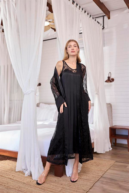 Arias Dolap %100 Viskon Dantelli ve Dekolteli Saten Sabahlık Takımı