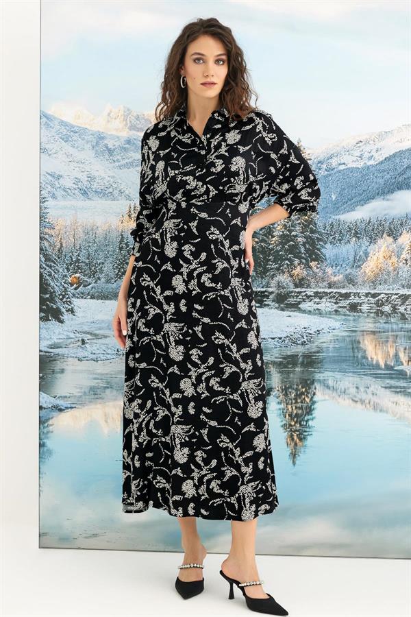 Arias Klozet %100 Viskon Desenli Truvakar Kollu Saten Elbise