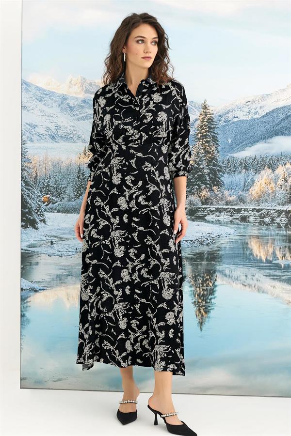 Arias Klozet %100 Viskon Desenli Truvakar Kollu Saten Elbise