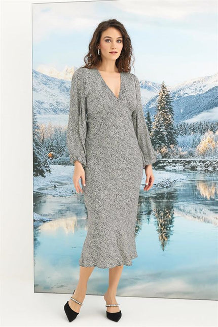 Arias Dolap %100 Viskon Desenli Uzun Kollu Saten Elbise