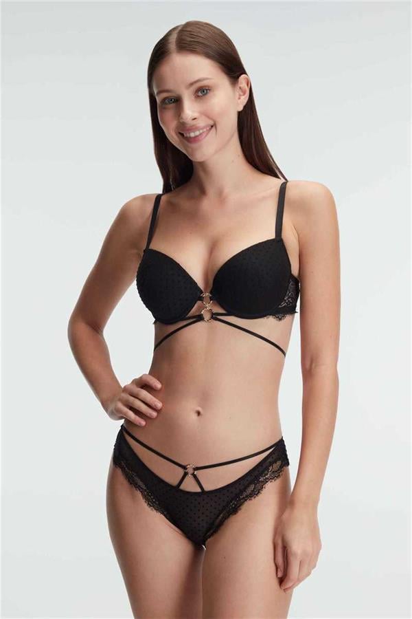 Kadın Balenli Destekli Dolgulu Göbek Detaylı Puantiyeli Dantelli Sütyen ve Slip Takım (4828)