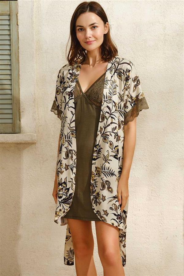 Kadın Dokuma Viskon Çiçek Baskılı Sabahlık ve Dantelli Kısa Gecelik Takım (5708)