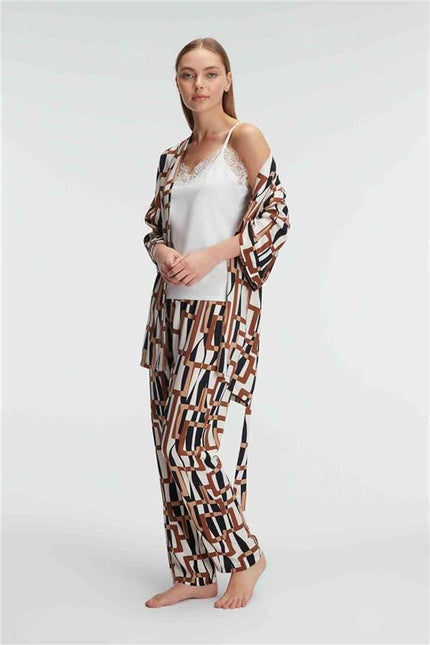 Kadın Dokuma Viskon Geometrik Baskılı Sabahlık Mikro Kumaş Dantelli Atlet ve Yandan Cepli Pantolon 3'lü Takım (5704)
