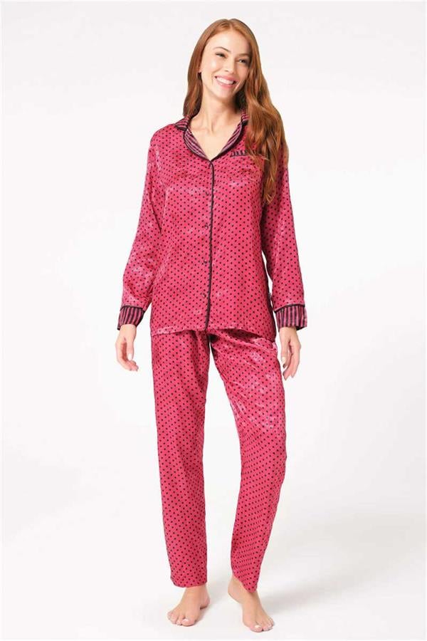 Kadın Dokuma Viskon Puantiyeli Önden Düğmeli Uzun Kollu Gömlek ve Pantolon Pijama Takımı (9751)