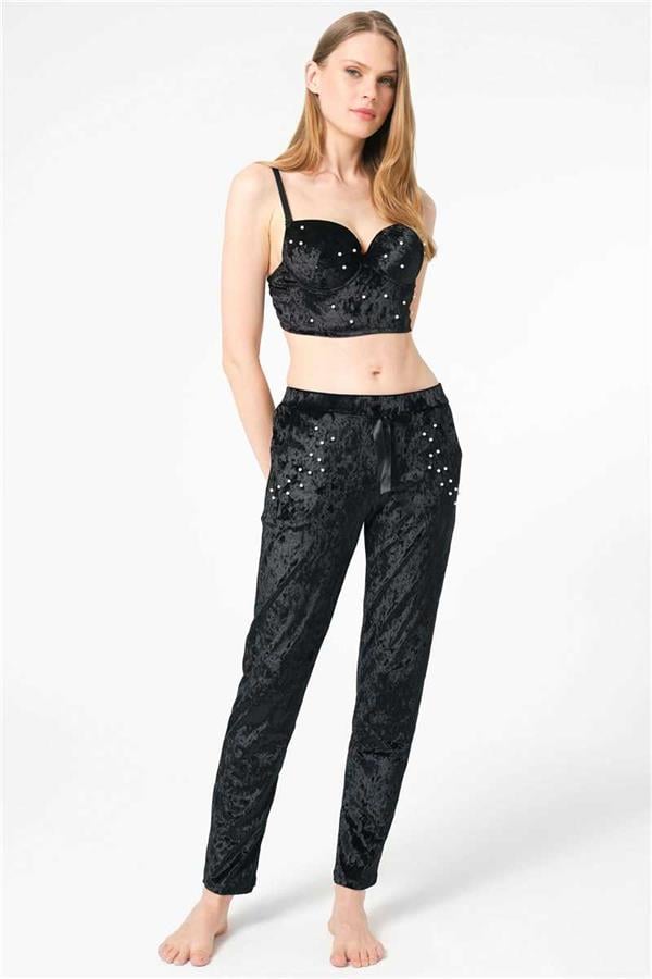 Kadın Kadife Balenli Destekli Dolgulu İnci Taşlı Büstiyer ve Pantolon Pijama Takımı (4154)