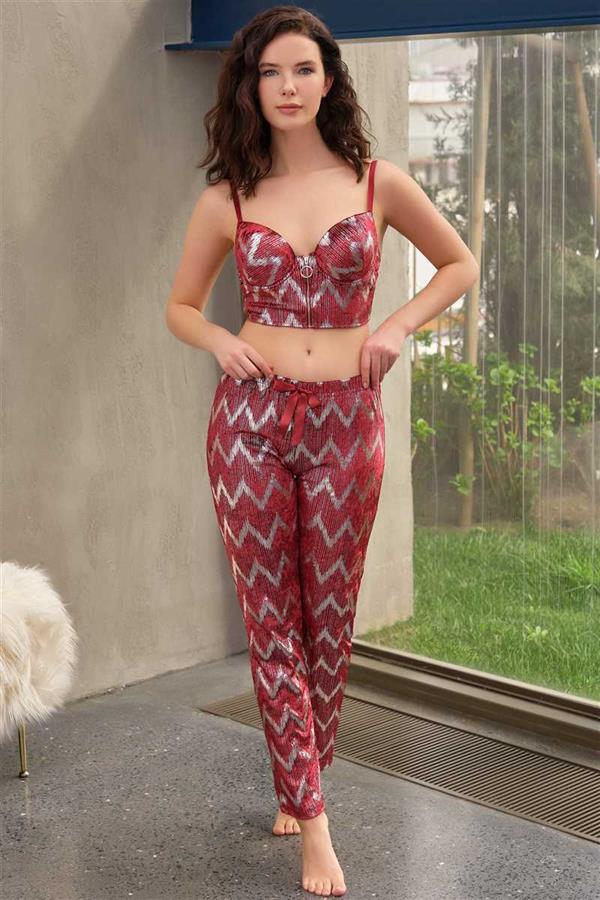 Kadın Kadife Balenli Destekli Dolgulu Parlak Baskılı Fermuar Detaylı Büstiyer ve Pantolon Pijama Takımı (4178)