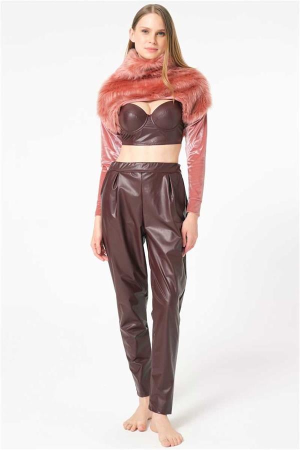 Kadın Polar Kumaş Bolero Deri Görünümlü Balenli Destekli Dolgulu Askıları Çıkabilen Büstiyer Sütyen ve Yandan Cepli Pantolon Pijama 3'lü Takım (9761)