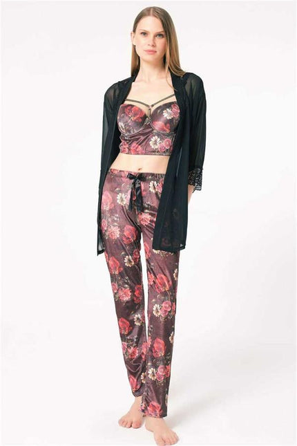 Kadın Tül Dantelli Sabahlık Balenli Destekli Dolgulu Yaka Detaylı Çiçek Baskılı Kadife Büstiyer Sütyen ve Pantolon Pijama 3'lü Takım (5683)