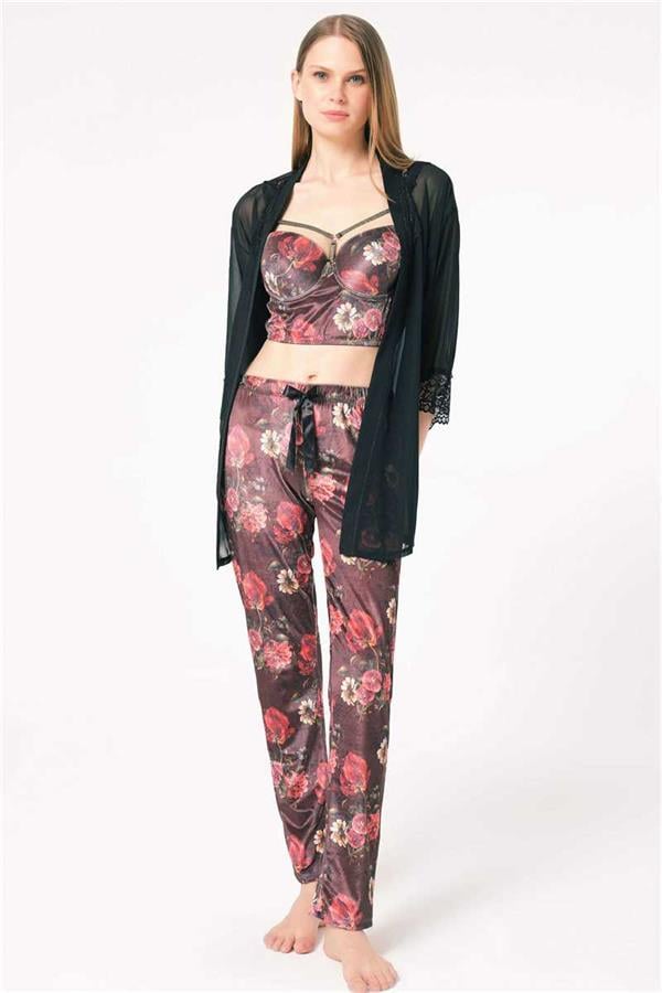 Kadın Tül Dantelli Sabahlık Balenli Destekli Dolgulu Yaka Detaylı Çiçek Baskılı Kadife Büstiyer Sütyen ve Pantolon Pijama 3'lü Takım (5683)