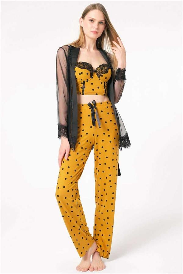 Kadın Tül Dantelli Sabahlık Balenli Destekli Dolgulu Puantiyeli Büstiyer Sütyen ve Pantolon Pijama 3'lü Takım (5667)