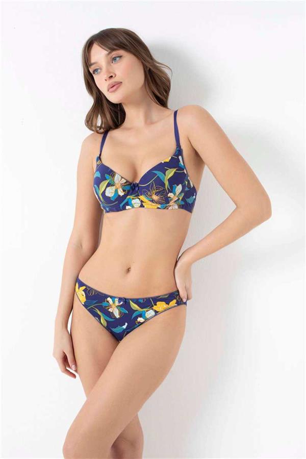 Kadın Viskon Balenli Destekli Dolgulu Çiçek Baskılı Sütyen ve Slip Takım (4243)