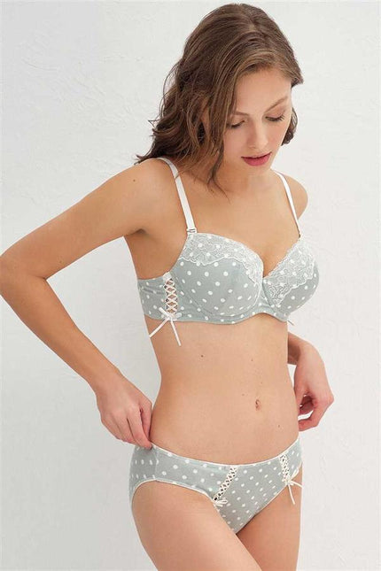 Kadın Viskon Balenli Destekli Dolgulu Puantiyeli Dantelli Sütyen ve Slip Takım (4189)