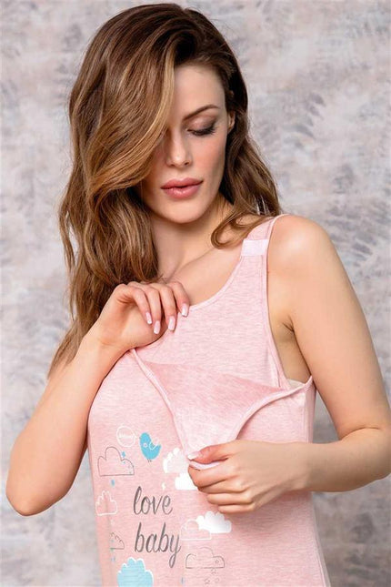 Kadın Viskon Hamile Lohusa Baskılı Önden Açılan Emzirme Pullu Askılı Kısa Gecelik (5509)