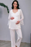 Kadın Viskon Hamile Lohusa Dantelli Sabahlık Önden Açılan Emzirme T-Shirt ve Pantolon Pijama 3'lü Takım (5648)
