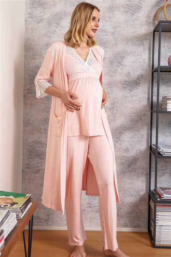 Kadın Viskon Hamile Lohusa Dantelli Sabahlık Önden Açılan Emzirme T-Shirt ve Pantolon Pijama 3'lü Takım (9603)
